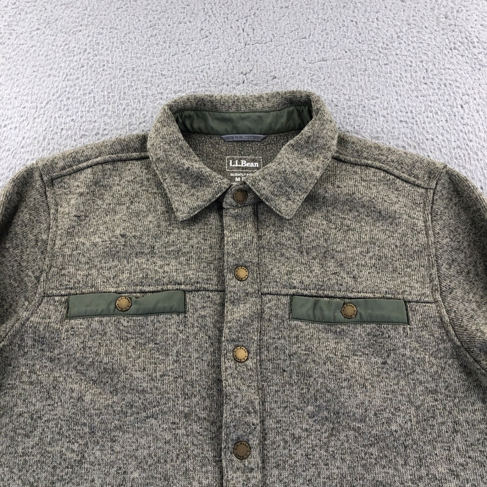 LL Beans Shirt Jacket Mens Medium Green Heather Slightly Fitted Fleece Snap